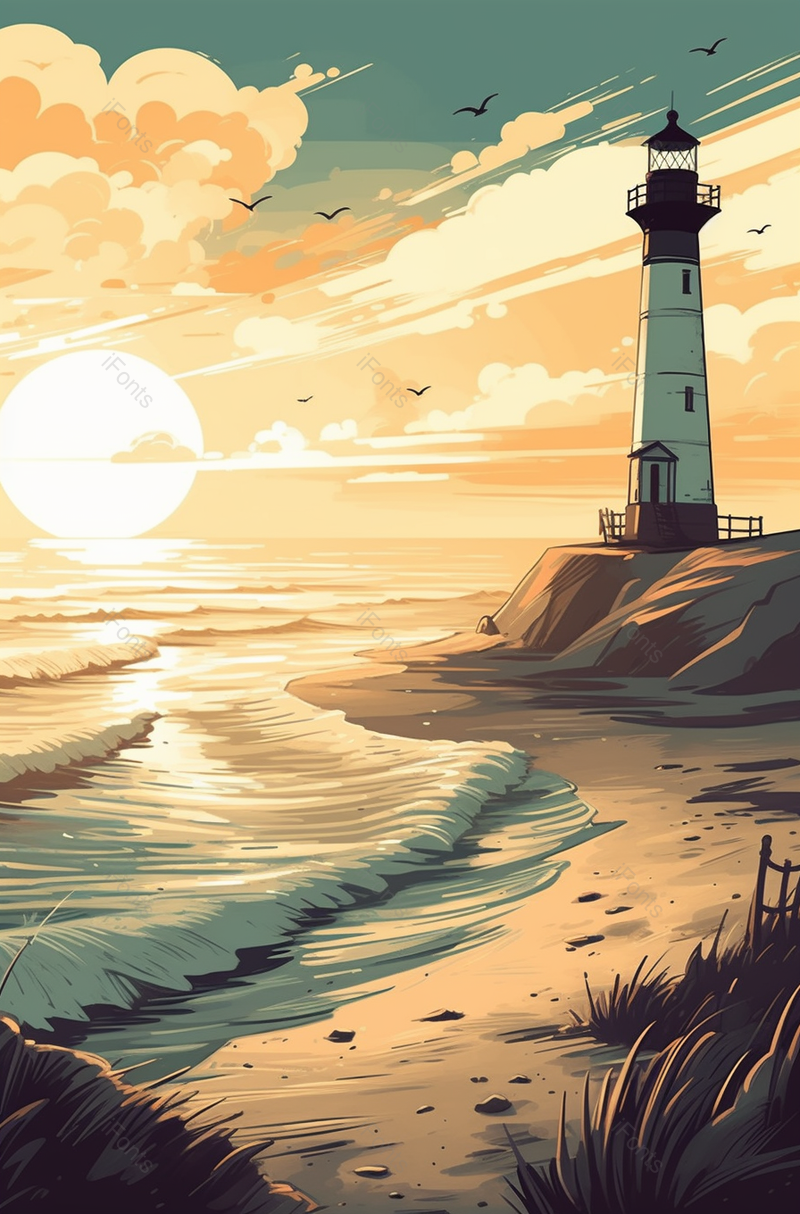 大海上的灯塔傍晚背景,插画/手绘图,插画/手绘图库,插画/手绘图下载,插画/手绘